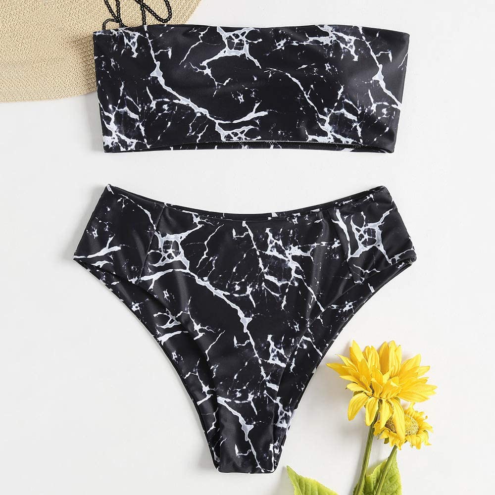 Zaful Marble Print High Waisted Bandeau Bikini Set Review