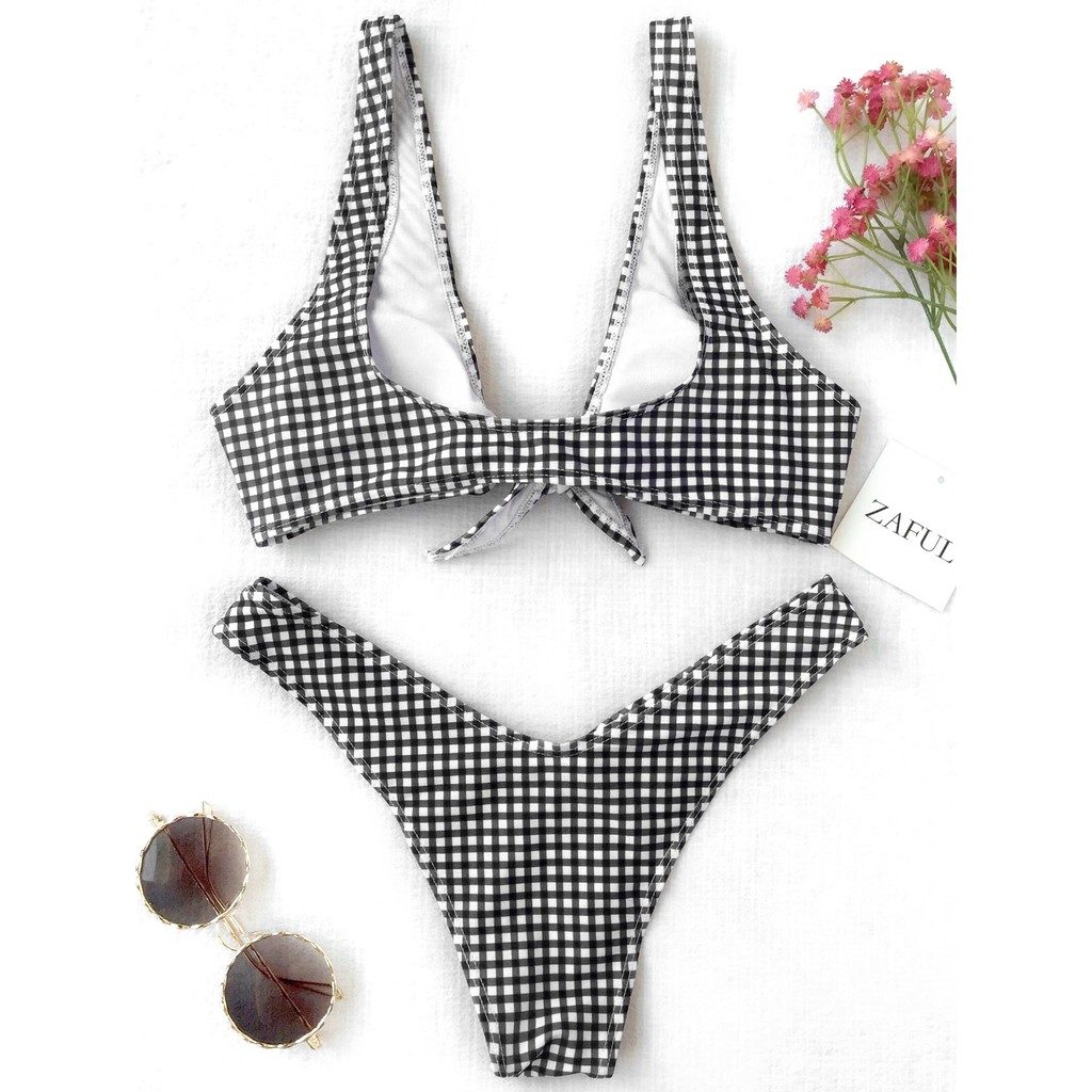 Zaful Front Tie Thong Plaid Bikini Set Review